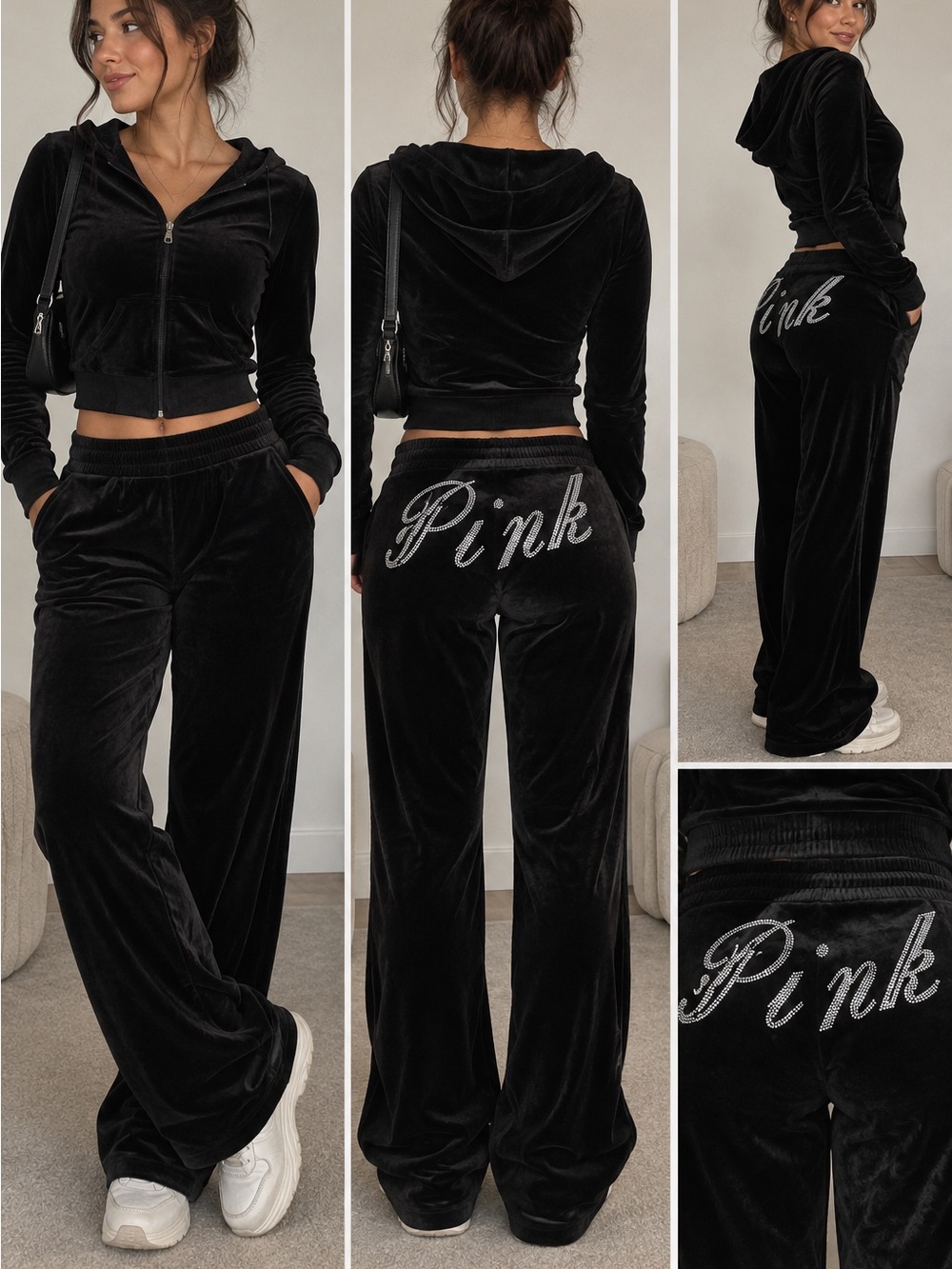 PINK Victoria's Secret Velour Wide-Leg Pants ONLY - Black
